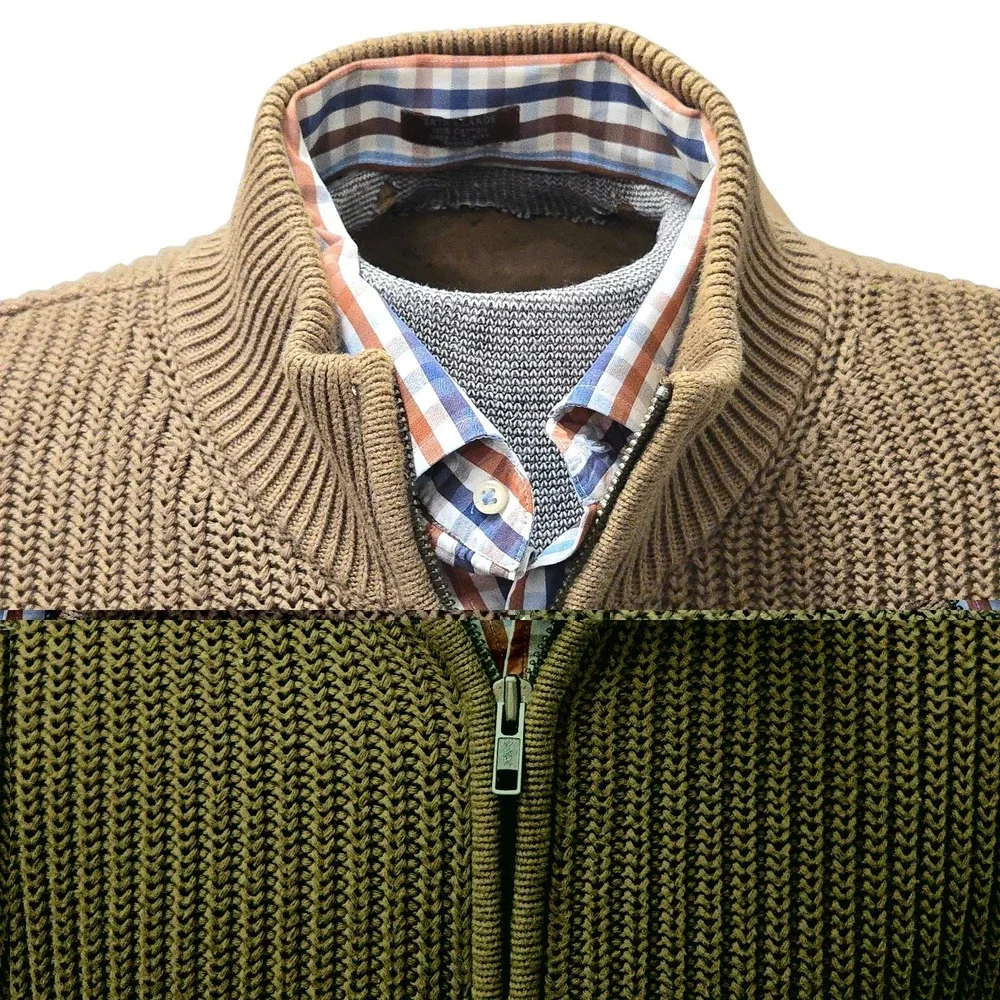 Vtg 90s LL Bean Full Zip Chunky Knit Ribbed Cotton Sweater Dark Tan Men's L MINT